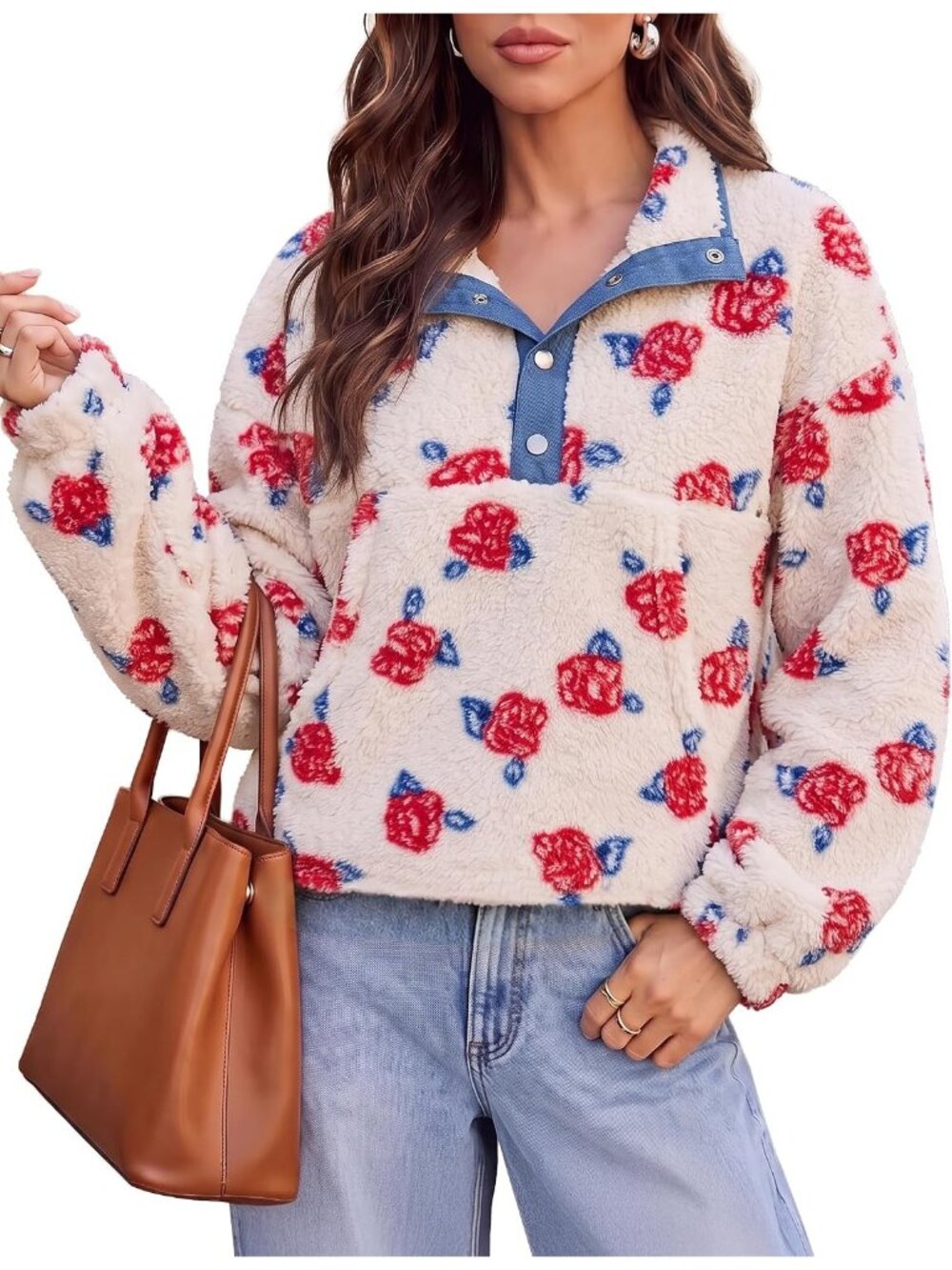 Women's White Long Sleeve Henley Neck Fuzzy Fleece Imported Sweatshirt